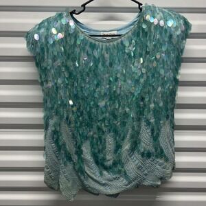 Mark Cheung Womens Sequin Silk Top L Aqua Blue Beaded Vintage Scalloped Evening